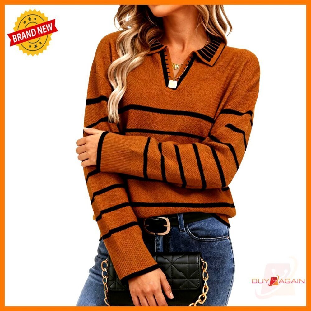 Oversized Polo Sweater V Neck Striped Collar Pullover Chic Preppy Fall Tops
